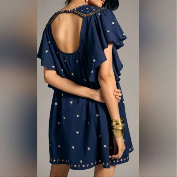 Anthropologie Embroidered Beaded Mini Dress Oversized size XS - Picture 2 of 9